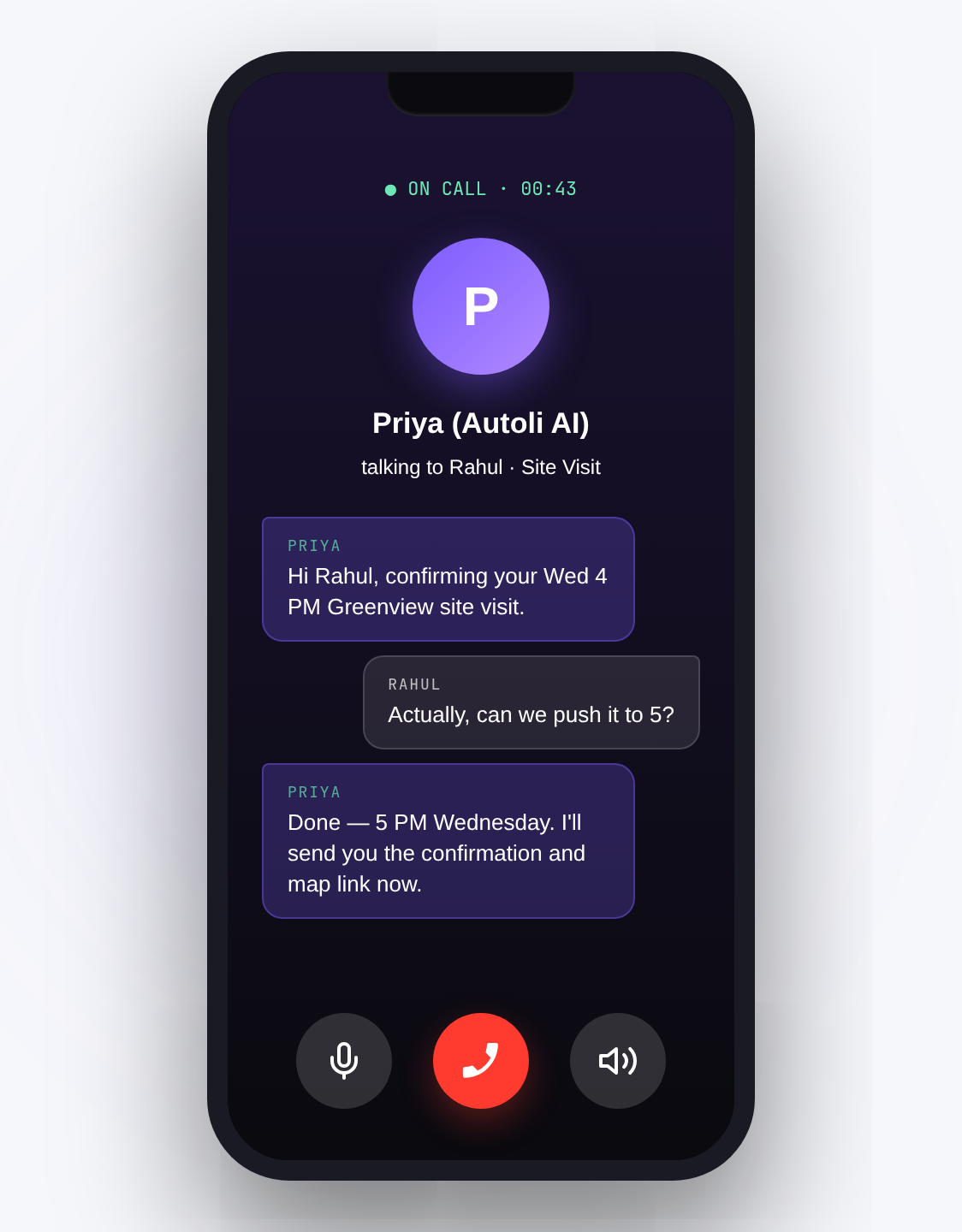 Mobile view showing the same lead's call, WhatsApp and email conversations side by side in one Autoli inbox