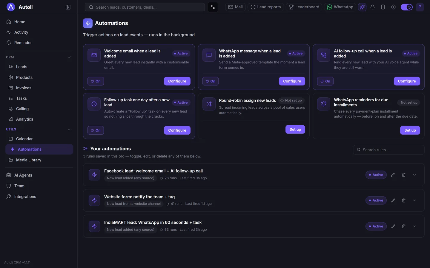 Autoli CRM automations page with quick-start tiles including WhatsApp message when a lead is added, and a list of three active rules with run counts