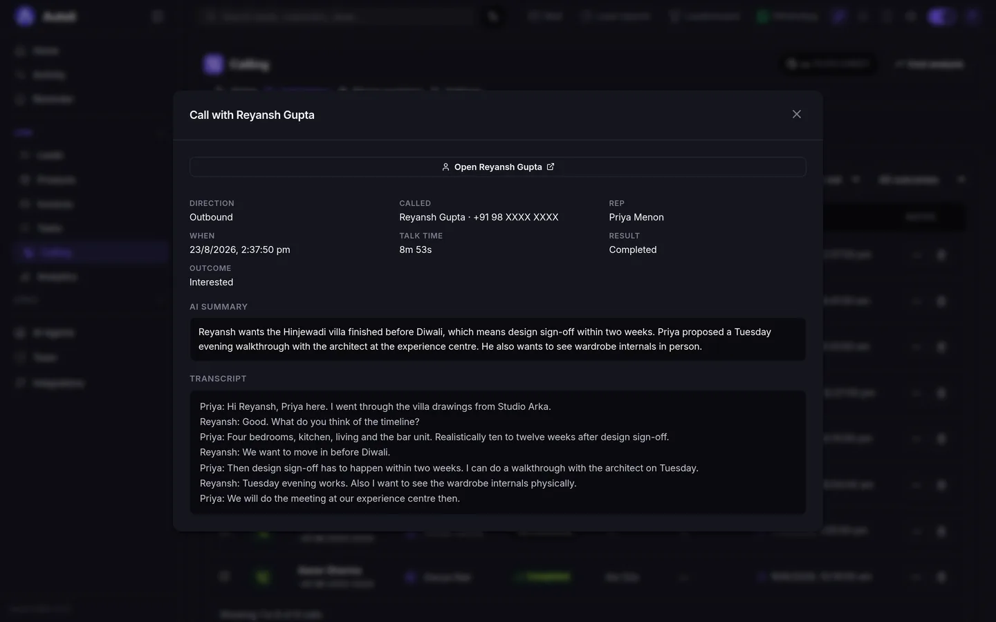 Autoli CRM call detail dialog showing direction, talk time, outcome, a three-sentence AI summary and a speaker-labelled transcript of the conversation