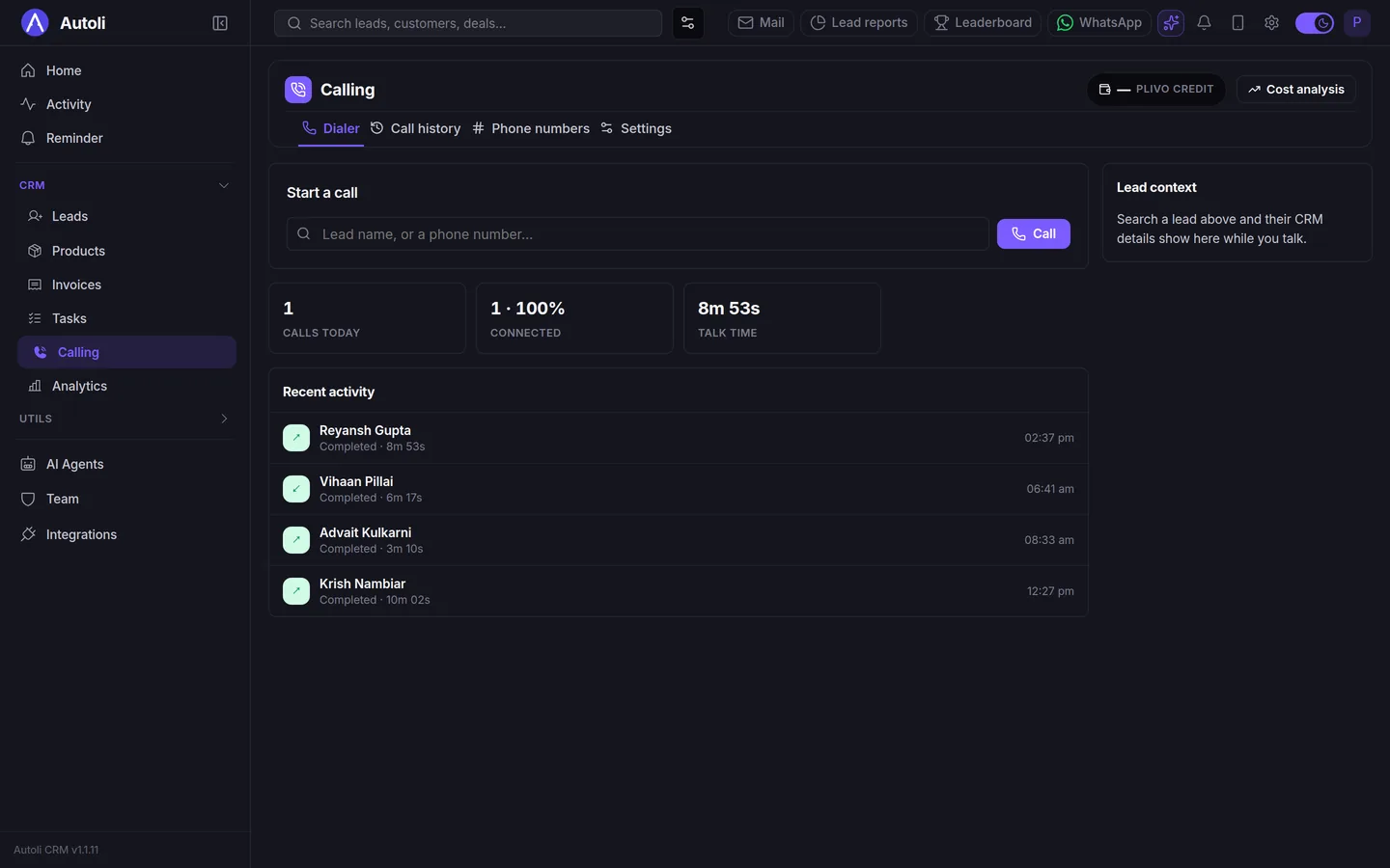 Autoli CRM calling page dialer tab with a start-a-call box, today's stats for calls, connected percentage and talk time, and a recent activity list