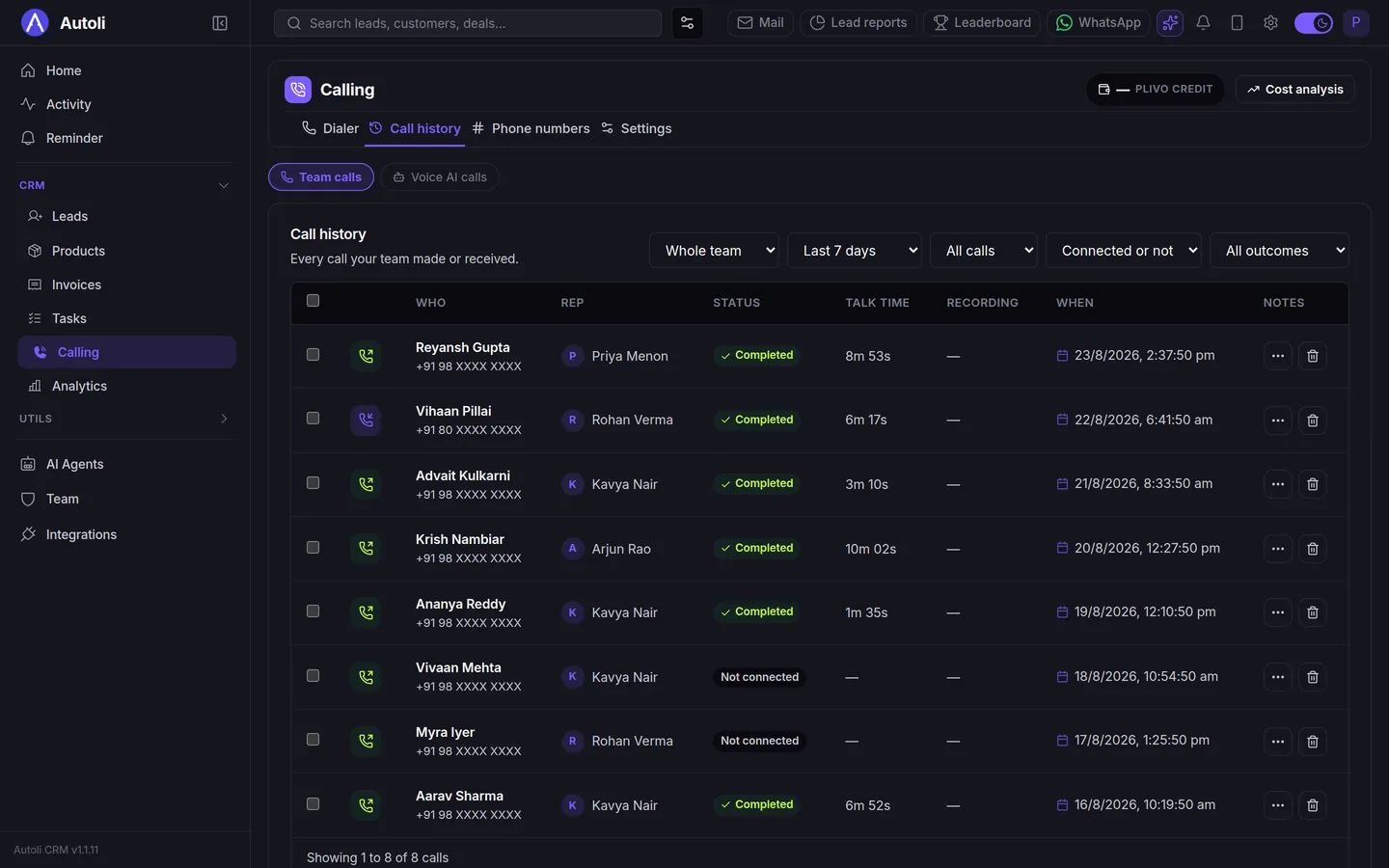 Autoli CRM call history table listing who was called, the rep, completed or not connected status, talk time and date