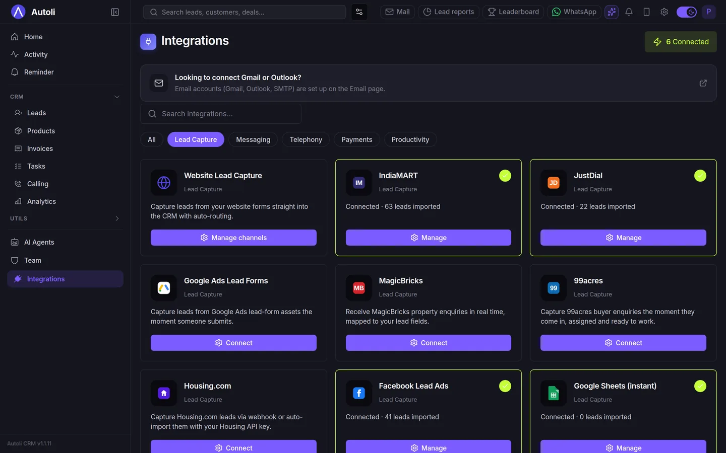 Autoli CRM integrations page filtered to lead capture, with connected tiles for IndiaMART, JustDial and Facebook Lead Ads, plus Google Ads forms, MagicBricks and website capture