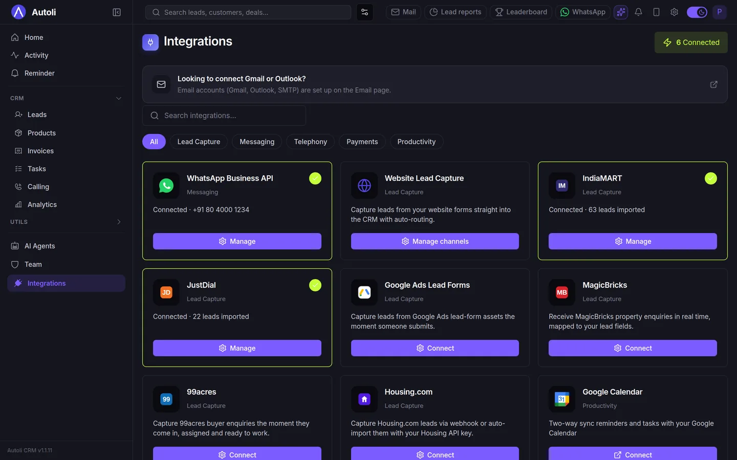 Autoli CRM integrations page showing connected tiles for WhatsApp Business API, IndiaMART, JustDial and others such as MagicBricks, 99acres and Google Calendar