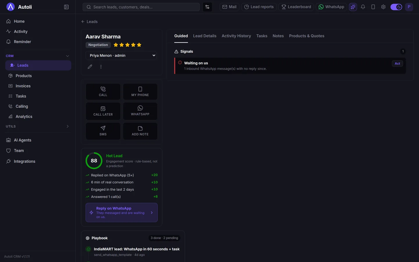 Autoli CRM lead page showing a waiting-on-us signal, an engagement score with its reasons and a playbook of automations that ran on the lead