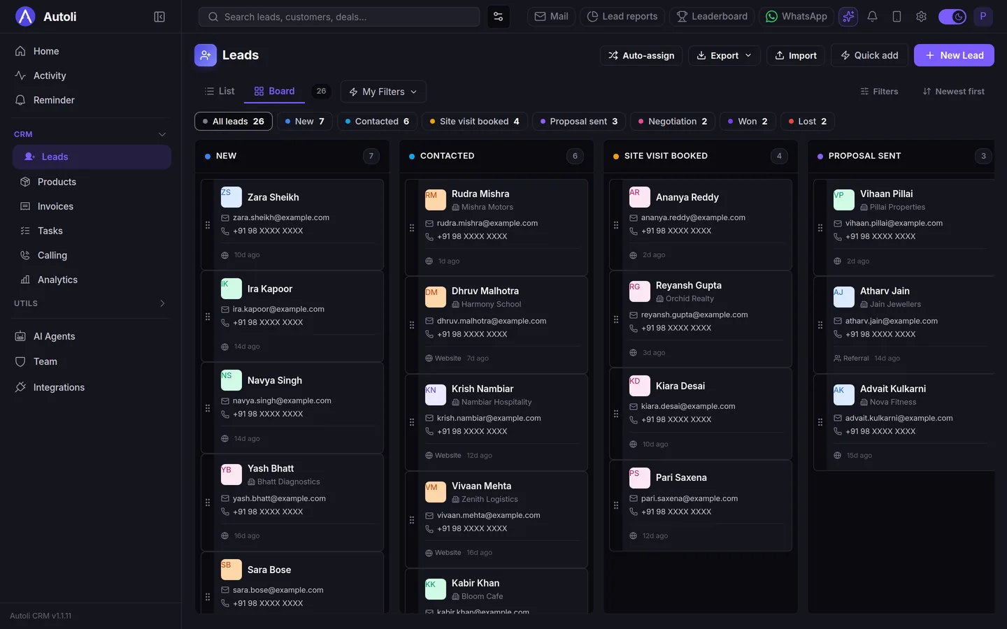 Autoli CRM leads board with columns New, Contacted, Site visit booked, Proposal sent and Negotiation, each holding lead cards with name, company and age