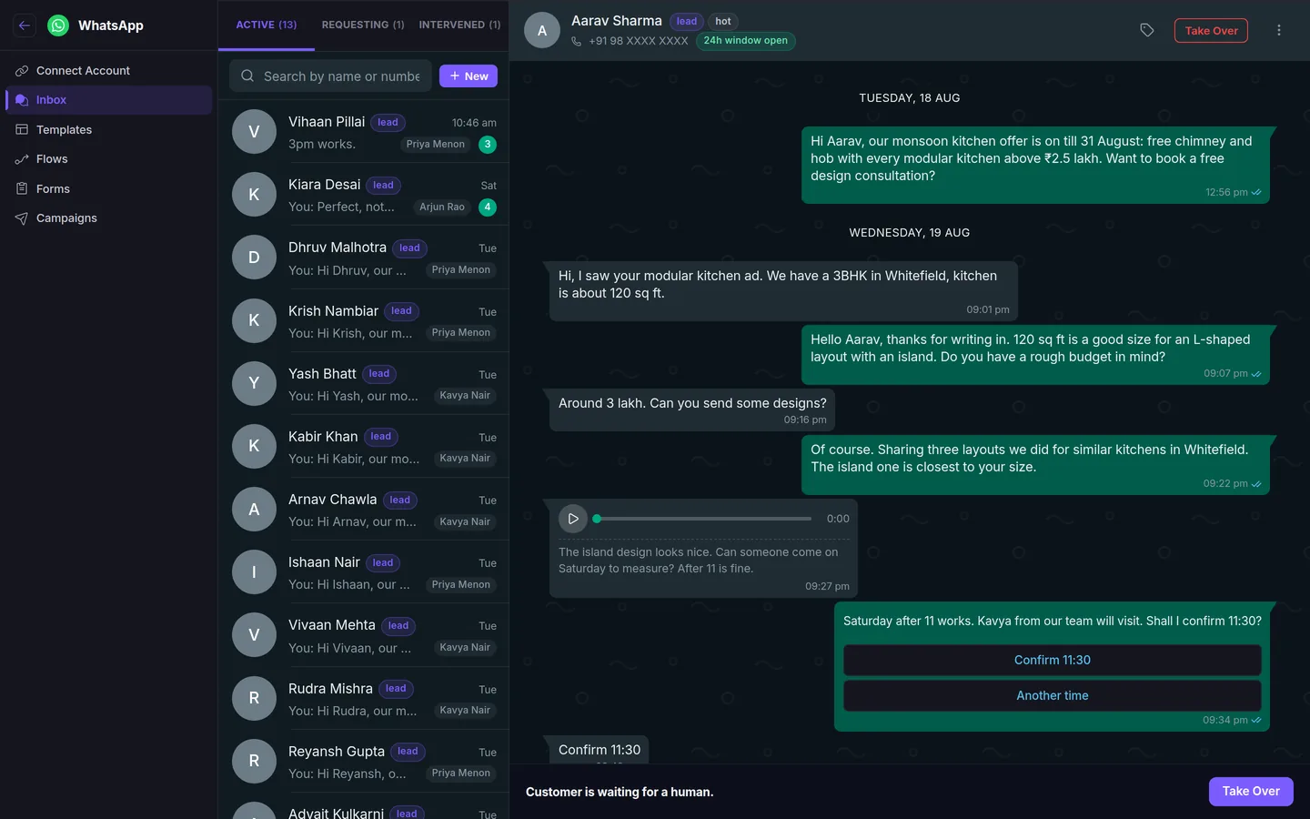 Autoli CRM WhatsApp inbox showing a conversation list on the left and a customer thread with a voice note, reply buttons and a take-over bar